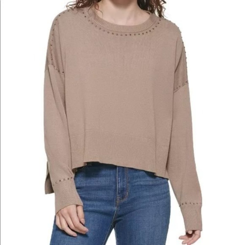 DKNY Studded Cozy Sweater in Mushroom - Medium